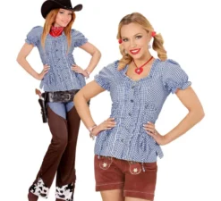Denim scozzese blu o camicetta bavarese da donna