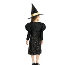 Elegante costume da strega nero e oro con fiocco per bambina