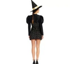 Elegante costume da strega nero e oro con fiocco per donna