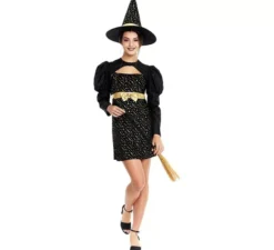 Elegante costume da strega nero e oro con fiocco per donna