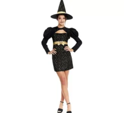 Elegante costume da strega nero e oro con fiocco per donna