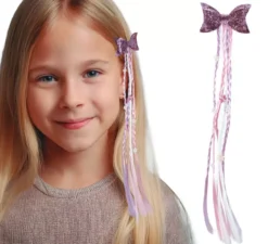 Extension per capelli intrecciati lilla e rosa con fiocco da 30 cm