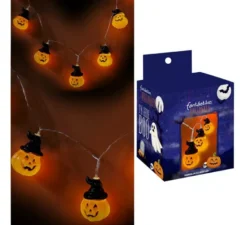 Ghirlanda di 10 zucche con cappelli e LED da 150 cm