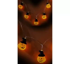 Ghirlanda di 10 zucche con cappelli e LED da 150 cm