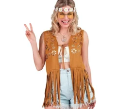 Gilet hippie marrone con fiori per donna
