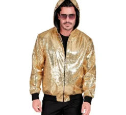 Giubbotto bomber dorato con cappuccio e paillettes per adulto