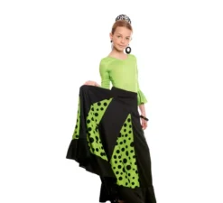 Gonna Sevillana con Quillas nere e verdi e pois neri per bambina