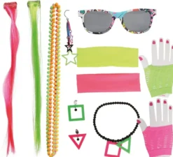 Kit anni '80: 2 extension, occhiali, 2 orecchini, 4 collane e 2 guanti