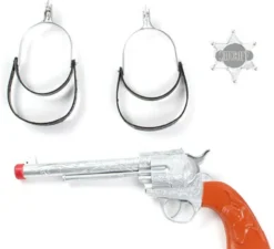 Kit da cowboy: pistola giocattolo, stella e speroni