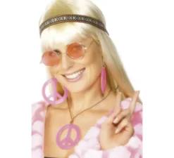 Kit da donna hippy: nastro per capelli, occhiali, collana e orecchini