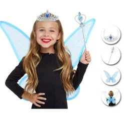 Kit da fata in organza blu per bambini : cerchietto, bacchetta magica e ali