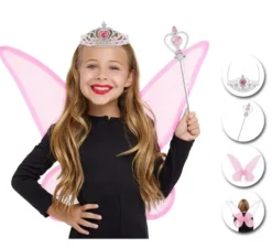 Kit da fatina in organza rosa per bambini : cerchietto, bacchetta magica e ali