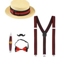 Kit da gentiluomo anni '20: cappello, bretelle, papillon, sigaro e baffi
