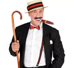 Kit da gentiluomo anni '20: cappello, bretelle, papillon, sigaro e baffi