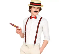 Kit da gentiluomo anni '20: cappello, bretelle, papillon, sigaro e baffi