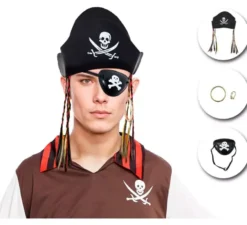 Kit da pirata: cappello con trecce, orecchino e benda sull'occhio
