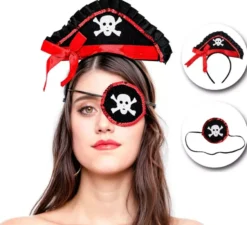 Kit da pirata: mini cappello da pirata con fascia e benda sull'occhio