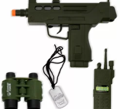 Kit da soldato: fucile, distintivo, binocolo e walkie-talkie di plastica