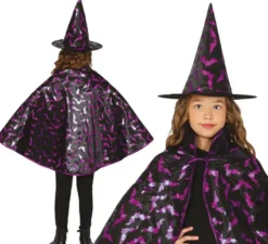 Kit da strega per bambini nero e lilla: mantello e cappello