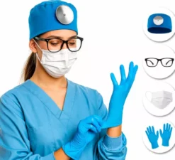 Kit del chirurgo: cuffia, occhiali, guanti e maschera