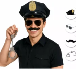 Kit della polizia: cappello, occhiali, baffi e manette
