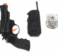 Kit della polizia: walkie-talkie, distintivo e pistola di plastica