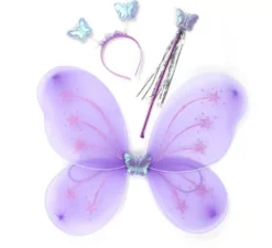 Kit farfalla lilla: cerchietto, bacchetta e ali da 55 cm