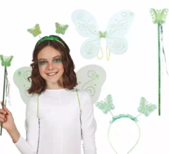 Kit Fata Farfalla Verde: Cerchietto, Bacchetta e Ali 35x40 cm