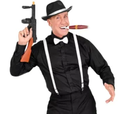 Kit Gangster Bianco e Nero: Cappello, Bretelle, Papillon e Tabacco