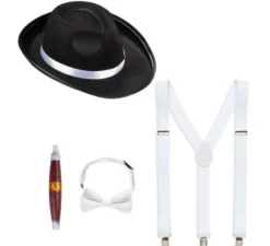 Kit Gangster Bianco e Nero: Cappello, Bretelle, Papillon e Tabacco