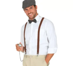Kit gangster inglese: berretto, bretelle, orologio e papillon