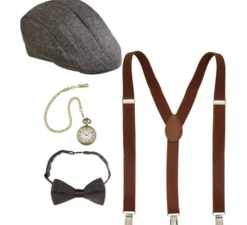 Kit gangster inglese: berretto, bretelle, orologio e papillon
