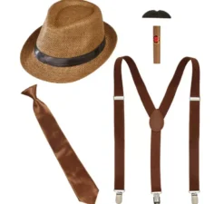 Kit Gangster Marrone: Cappello, Bretelle, Cravatta, Baffi e Tabacco