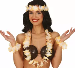 Kit hawaiano arancione: collana, copricapo e braccialetti