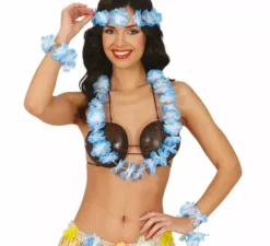 Kit hawaiano blu: collana, copricapo e braccialetti
