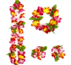 Kit Hawaii floreale arancione: collana, bracciali e copricapo