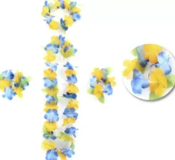Kit Hawaii Giallo e Blu: Collana, Bracciali e Copricapo