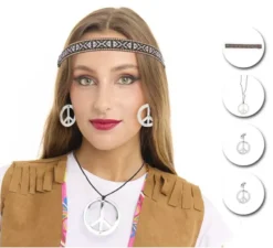 Kit hippie in argento per adulti: collana, orecchini e nastro