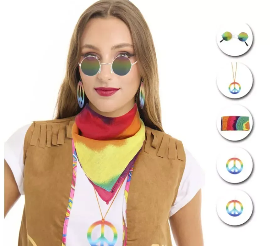 Kit Hippie per Adulti: Occhiali, Foulard e Collana in diversi colori