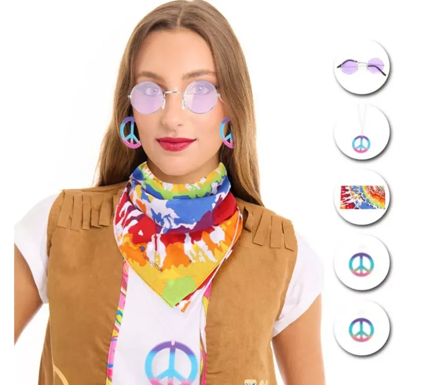Kit Hippie per Adulti: Occhiali, Foulard e Collana in diversi colori