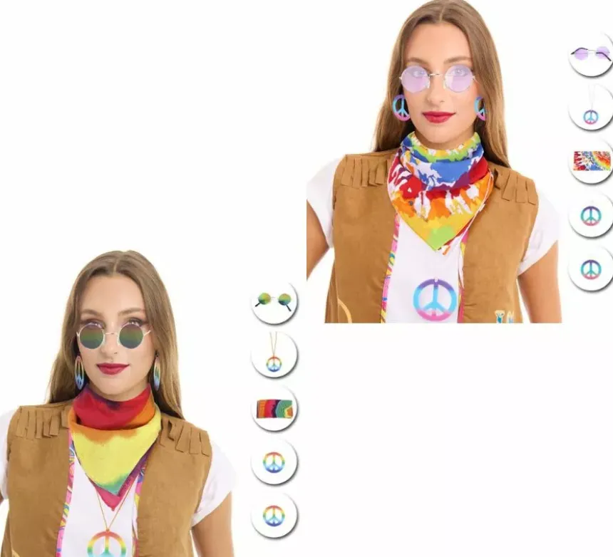 Kit Hippie per Adulti: Occhiali, Foulard e Collana in diversi colori