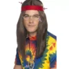 Kit hippy marrone: parrucca, occhiali, medaglione e nastro rosso