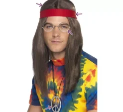 Kit hippy marrone: parrucca, occhiali, medaglione e nastro rosso