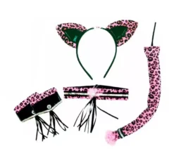 Kit leopardo nero e fucsia adulto: fascia per capelli, collana, polsini e coda