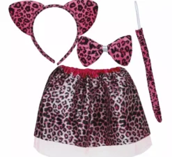 Kit Leopardo Rosa per bambini: fascia per capelli, fiocco, coda e gonna