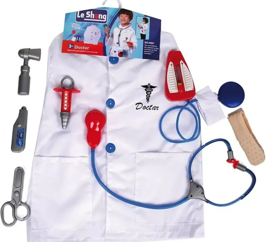 Kit medico per bambini: vestaglia con 7 accessori