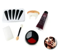 Kit per il trucco da vampiro: unghie, dentiera, provetta di sangue, spugna, pennello e tavolozza