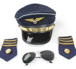 Kit pilota aereo: berretto, occhiali e stemmi sulle spalle