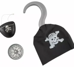 Kit pirata: benda sull'occhio, bussola e uncino (20x10 cm)