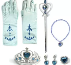 Kit principessa bambina blu: guanti, scettro, collana, corona, orecchini e anello